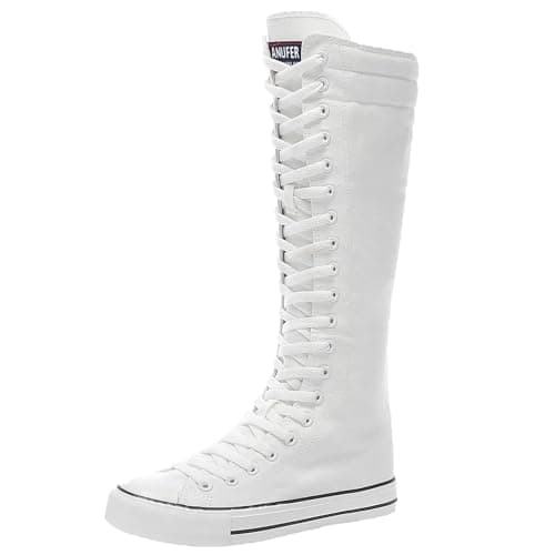 Image of Jamron Women Fashion Canvas Dance Boots Knee High Bicycling Boots Girls Fancy School Shoes White 905 UK6