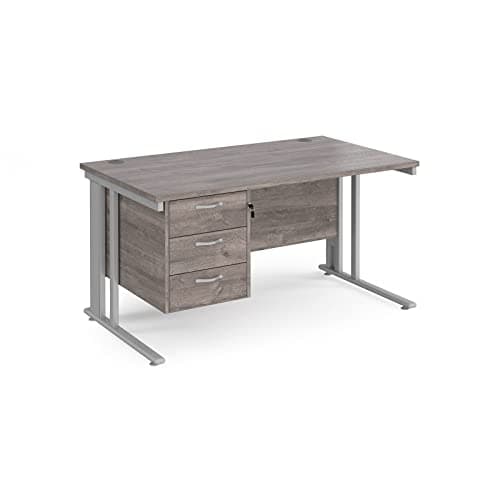 Image of Mr Office Maestro 25 straight desk 800mm deep with 3 drawer pedestal - silver cable managed leg, Grey oak, 1400
