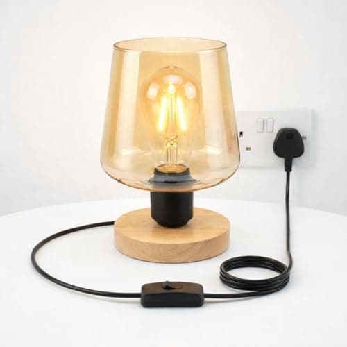 Image of DC VOLTAGE 24cm Wooden Bedside Table Lamp with Amber Glass Shade – E27 Plug-in Desk Light with Bulb, 2m Cable & Inline Switch, Small Nightstand Lamp for Bedroom & Living Room (Tulip)