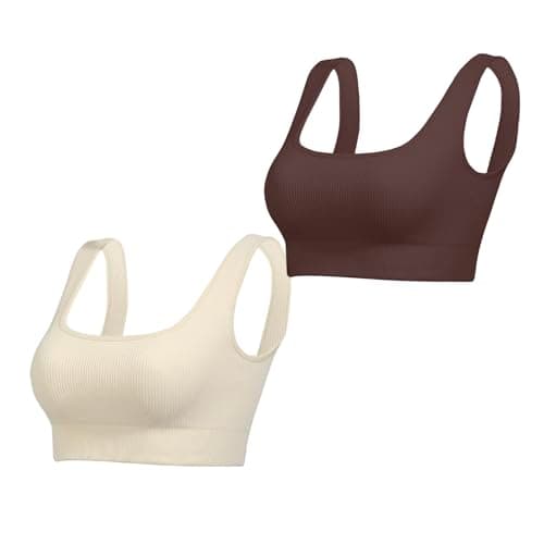 Image of Lemef Sports Bras for Women Square Neck Ribbed Bralette Seamless Medium Support Yoga Crop Tank Workout Tops No Padded Beige Coffee M