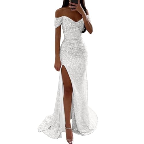 Image of Women's Mermaid Strapless Prom Dresses Sexy A Line Sequin Dress Glitter Tulle Wedding Dresses with Slit Off Shoulder Prom Dresses Long Evening Dresses Fashion Party Dress, O silver., XL