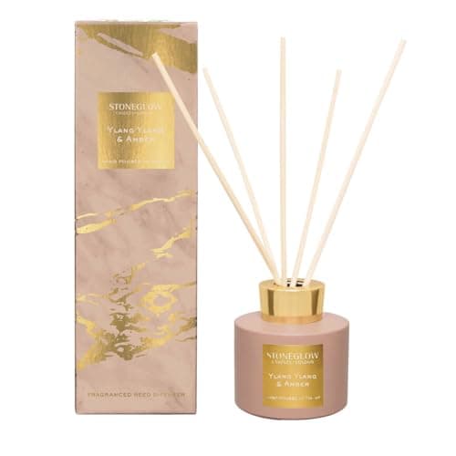 Image of Stoneglow Luna Collection Ylang Ylang & Amber Scented Reed Diffuser 120ml – Ylang Ylang, Jasmine & Amber Fragrance, Lasts 10 Weeks, 10 Rattan Reed Diffuser Sticks, Refillable Air Freshener for Home