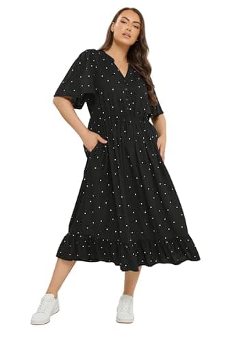 Image of Yours Curve Polka Dot Placket Dress - Women's - Plus Size Curve Black