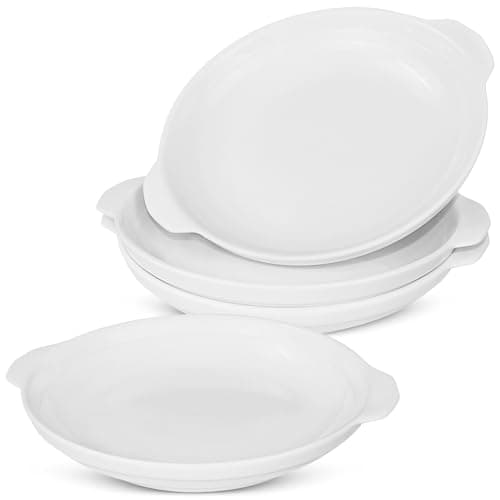 Image of LONTOM Set of 4 Oval Serving Dishes Baking Dish with Handles, 8 inch White Ceramic Dinner Plates Microwave Oven Safe for Tapas, Lasagne, Quiche, Pies, Dessert, Salad and more
