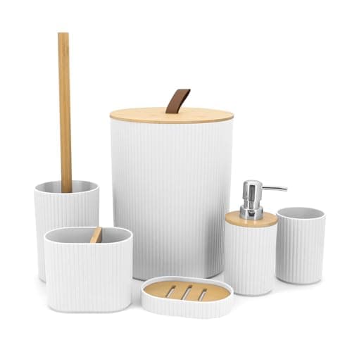 Image of Yuhtech 6 Pieces Bathroom Accessories Set, Bamboo Bathroom Accessory, Bathroom Essentials Set, Modern Plastic Bath Set with Soap Dispenser, Toothbrush Holder Cup, Bathroom Bin and Toilet Brush(White)