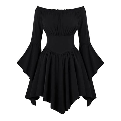 Image of Generisch Women Casual Dress Off Shoulder Ruffle Hem Summer Halloween Flowy Boho Floral Print Midi Dress, black, L