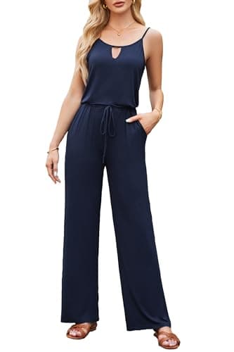 Image of OUGES Women's Summer Jumpsuits UK Sleeveless Overall Navy Blue Casual Playsuit With Pockets, M