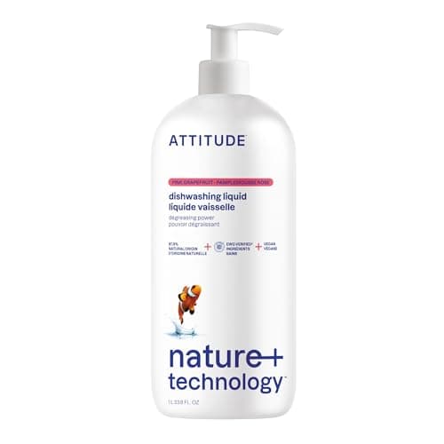 Image of ATTITUDE Washing Up Liquid, EWG Verified, Plant-Based & Vegan Dish Soap, Naturally Derived, Pink Grapefruit Scent, 1 Liter