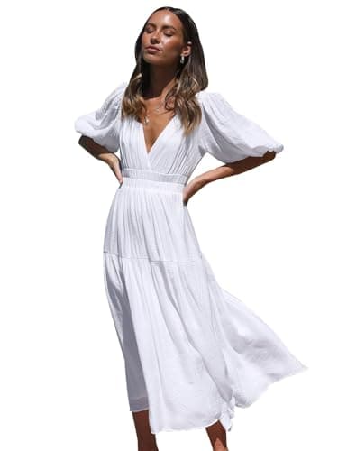 Image of MessBebe Womens Summer Casual Maxi Dress V Neck Puff Sleeve Ruffled Solid Color Ruffle Beach Dress White
