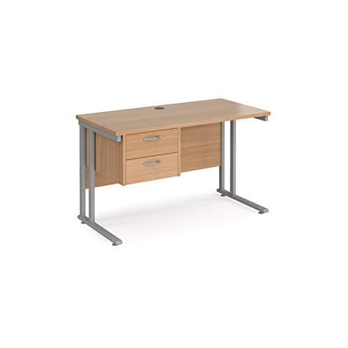Image of Mr Office Maestro 25 straight desk 600mm deep with 2 drawer pedestal - silver cantilever leg, 1200, Beech
