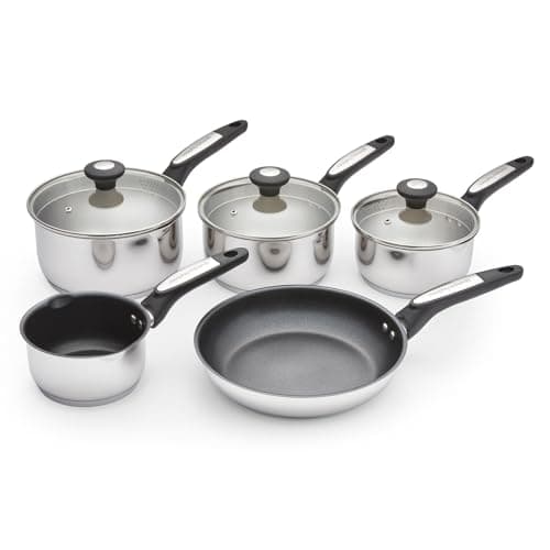 Image of Morphy Richards 5-Piece Stainless Steel Pan Set, Dual Pouring Spout Non Stick, Tempered Glass Lid, Soft Touch, Suitable for All Hobs |Milk Pan| 16/18/20cm Saucepans |24cm Frying Pan | 859505