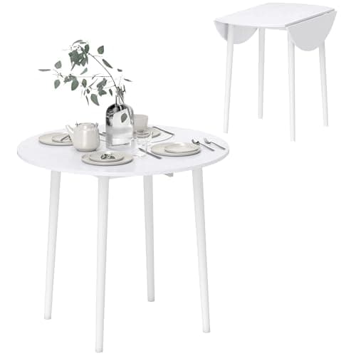 Image of HOMCOM Folding Dining Table for 4, Round Drop Leaf Table, Modern Space Saving Small Kitchen Table with Wood Legs for Dining Room, White