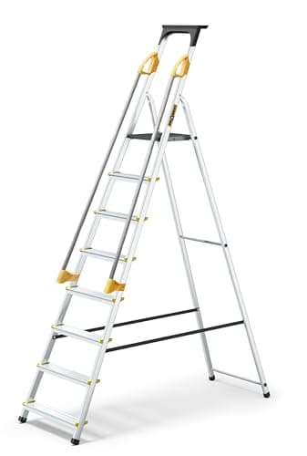 Image of DRABEST PRO SERIES 8 Step Ladder Folding - Aluminum Folding Ladder - Lader with Safety Handrails & Work Platform - Stepladders 8 tread - Capacity 150 KG - Multi-Purpose Ladders - 52x239x12cm