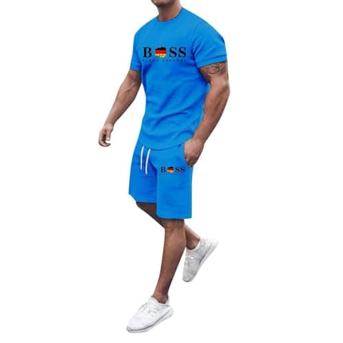 Image of Men's Polo Shirt and Shorts Set Summer Outfits Beach Casual Short Sleeve 2 Piece Short Sets for Men Active Shorts Set Sportswear for Gym Running Exercise Fitness (Sky Blue,XXXL)