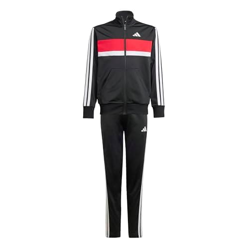 Image of adidas Unisex Kids SEASONAL ESSENTIALS TIBERIO 3 STRIPES TRICOT TRACKSUIT, black/white/pure ruby, 11-12 Years
