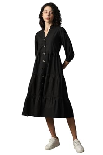 Image of High Star Women Cotton Solid Fit & Flare Mandarin Collar Half Sleeves Dresses, Black, S
