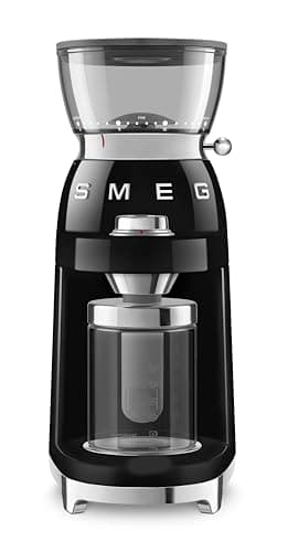 Image of Smeg CGF03BLUK 50's Style Electric Coffee Grinder, Features a Conical Burr, 30 Bean Grinding Levels, Black