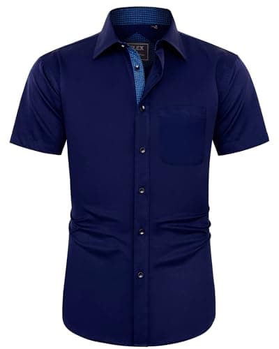 Image of J.VER Men's Short Sleeve Shirt Regular Fit Business Casual Dress Formal Shirt Button Down Wedding Work Office Stretch Non Iron Navy Blue L