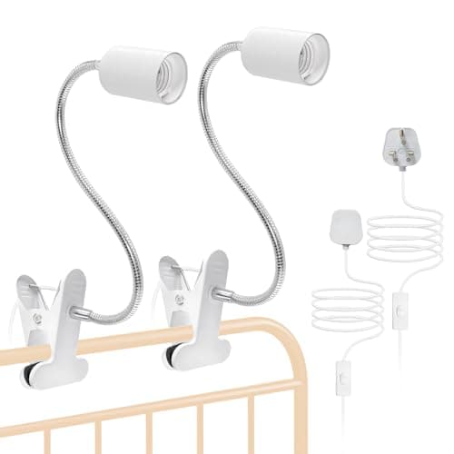 Image of E27 Lamp Holder 2Pcs Flexible Clip Desk Lamp Metal Clip Light, White Clamp Light with 360° Rotatable Gooseneck and 220cm Cable Switch for Bedroom, 60 W Max