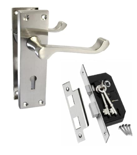 Image of Epsom Door Handle Victorian Scroll Satin Nickel Internal Lock Door Handle Set – Lever on Backplate 150mm x 42mm – Includes 3 Lever Mortice Sash Lock – 1 Pair