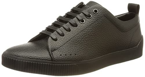 Image of HUGO Mens Zero Tenn Logo-Tape Trainers in Grained Leather Size 7 Black