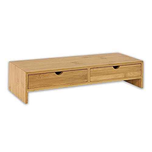 Image of Osco Bamboo Monitor Stand Riser with 2 Drawers – Fully Assembled Sustainable MOSO Bamboo Desk Raiser for Computer or Laptop – Natural Wood Finish, 11×47×18 cm