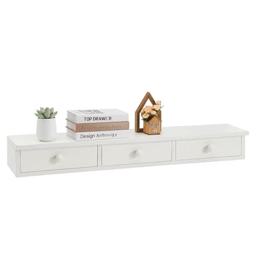 Image of FERNVALE Floating Wall Shelf with 3 Drawers - Wall Mounted Storage Organizer for Bedroom, Living Room, Bathroom, Hallway - Modern Minimalist Vanity Rack, White