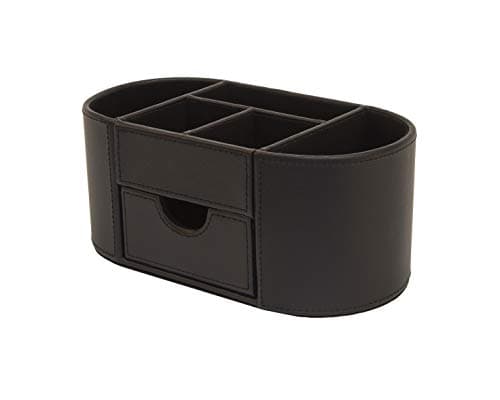 Image of OSCO Faux Leather Desk Organiser with Drawer, Office Desk Tidy, Pen Holder, Makeup Container, Pencil Storage, Stationery Caddy with 6 Compartments, H10 x W23 x D12 cm, Black