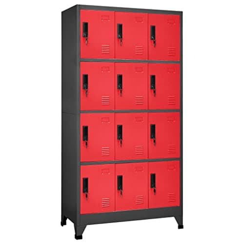 Image of GeenYuu Locker Cabinet Anthracite and Red Steel 90 x 45 x 180 cm with 12 Lockable Doors and Name Plate Holders, Multi-Purpose Cabinet for Office, School, Workshop, Garage