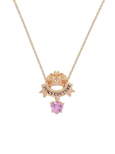 Image of Juicy Couture Crown & Crystal Heart Drop Pendant Necklace for Women (Gold/Pink Crystal)