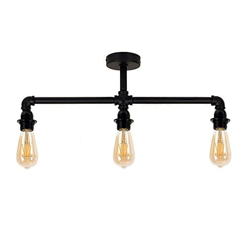 Image of MiniSun | Industrial Steampunk Style Satin Black 3 Way Bar Pipework Ceiling Light Fitting - Complete with 4w LED Filament Amber Tinted Bulbs | Ceiling Lights & Home Essential | Mains Wired