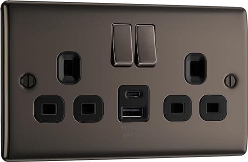 Image of BG Electrical 12W Double Switched Power Wall Plug Socket with USB A and USB C Charging Ports, Nexus Metal, Black Nickel, 13A, NBN22UAC12B