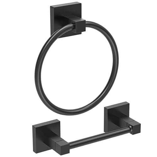Image of Ruacq Matte Black Toilet Paper Holder Towel Ring Bathroom Accessories Hardware Set Double Post Pivoting Toilet Roll Holder Square Stainless Steel and Zinc Alloy Modern Wall Mounted 2 Pieces