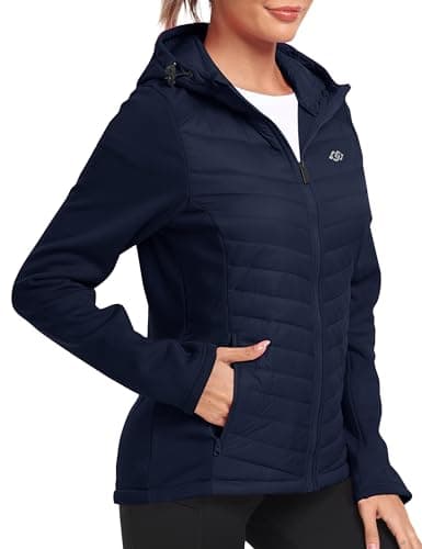 Image of MoFiz Women's Hooded Jackets Lightweight Packable Quilted Padded Jacket Warm Transitional Hybrid Puffer Jacket with Zip Pockets Navy Size US M