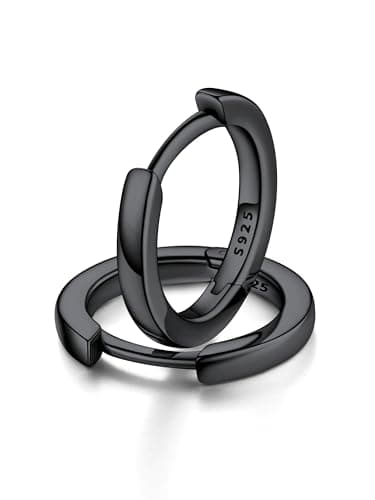 Image of FaithHeart Sterling Silver Huggy Earrings Black Hoops for Women 10mm Mini Small Huggies Hoops for Ladies Bridals