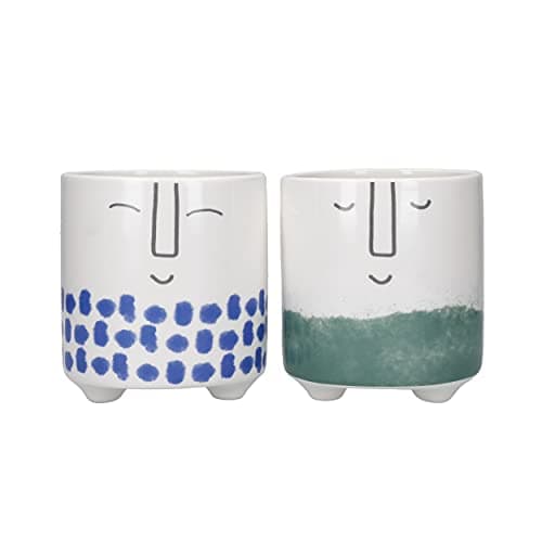 Image of KitchenCraft Face Planters, Set of 2 Indoor Plant Pots for Herbs, Cactus, Succulents or Small House Plants, Dolomite, Blue and Green, 1 x 1 x 11cm