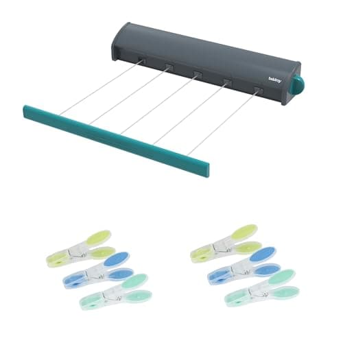 Image of Retractable Clothesline Set – 20m Drying Space, 5 x 4m Lines, 2x 24 Anti-Slip Grip Pegs Made from Recycled Plastic, Wall Mounted Washing Line, Indoor & Outdoor Use, Space-Saving, Easy Retract Design