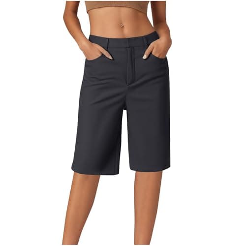 Image of HAOLEI Knee Length Shorts Women Ladies Casual Tailored Cargo Suit Trousers Summer Straight Leg Work Bermuda Shorts with Pockets UK Sale Clearance Black