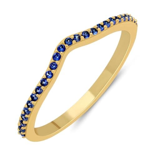 Image of GOURIK 18K Yellow Yellow Gold Wishbone Chevron Lab Created Blue Sapphire Ring For Women - Thin Eternity Band For Stacking - Light Weight Engagement Wedding Eternity Stackable Band Size 8