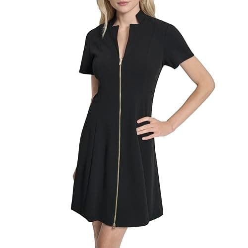 Image of DKNY Women's Short Sleeve V-Neck Zipper Front Scuba Crepe Mini Dress, Black, 14