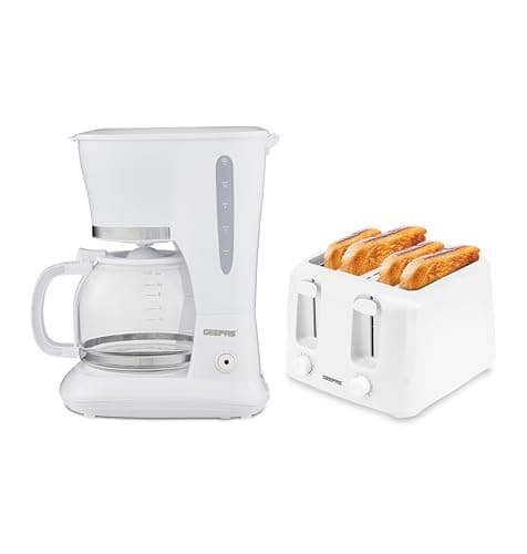 Image of GEEPAS 1.5L Filter Coffee Machine & 4 Slice Toaster Combo Set | 800W Coffee Maker for Instant Coffee Espresso Macchiato & More | 1400W Toaster For Thin Small Bread Slice 6 Browning Levels White