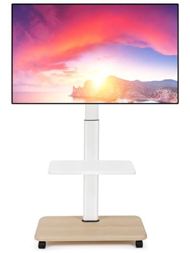 Image of Mobile tv Stand with Wheels for 32-70 Inch Flat/Curved LED/LCD/OLED Rolling TV Stand Height Adjustable Mobile TV Cart up to 100lbs Floor TV Stand with Laptop DVD Shelf for Bedroom Outdoor White
