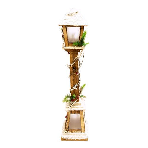 Image of The Christmas Workshop 71200 Snow Topped Wooden Lamppost / 10 Warm White LED Lights/Indoor Christmas Decorations/Frosted Star Windows/Battery Powered / 85cm x 16cm x 16cm