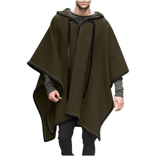 Image of Mens Wool Blend Cape Oversized Casual Hooded Cloak Fall Winter Fashion Stylish Streetwear Pullover Hoodies Army Green