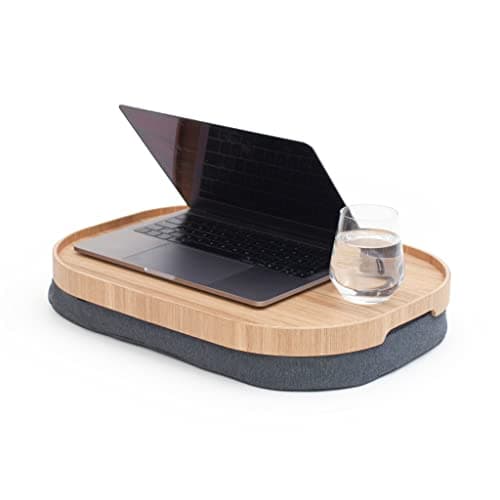 Image of Bosign CurveLine Laptray with bean bag cushion. Portable Lap desk for Laptop, Breakfast, Dinner. Non-slip tray. Washable, removable cushion cover. Willow wood. Grey cushion. LARGE (47x34x6,5 cm)