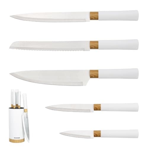 Image of Blackmoor Orb 5 Piece Knife Set with Storage Stand/Stainless Steel Knives with Soft Grip Handles & Brushed Steel or Wood Detail/Easy Clean Essential Kitchen Accessory (White & Wood Effect)