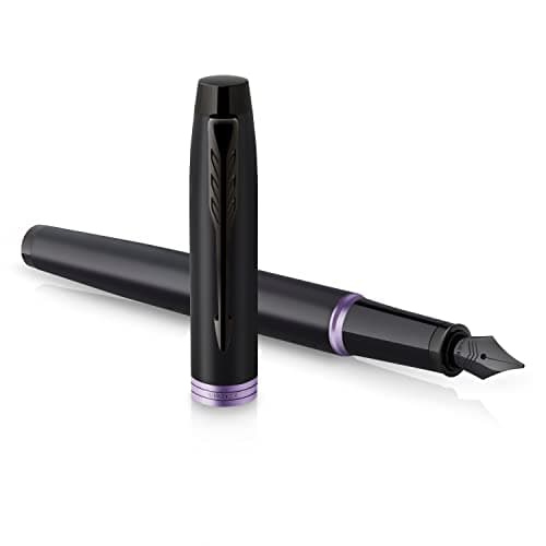 Image of Parker IM Vibrant Rings Fountain Pen | Satin Black Lacquer with Amethyst Purple Accents | Medium Point with Blue Ink Refill | Gift Box