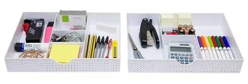 Image of Amtido Desk Drawer Organiser Tray for Office Stationary Supplies & Accessories - Sleek 3 Compartments Stationery Organisers with 2 Adjustable Dividers - White Desk Tidy Organiser - 2 Pack