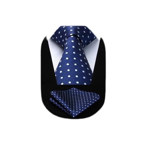 Image of HISDERN Men's Blue Dot Wedding Tie & Pocket Square Extra Long Necktie and Handkerchief Set for Men Classic Fashion Business Navy Blue