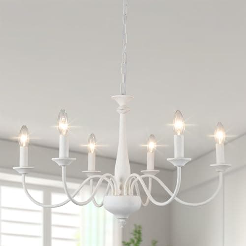 Image of Distressed White Chandeliers Ceiling Light, 6 Lights Vintage French Chandelier Dining Room Light Fittings Ceiling for Living Room, Rustic Farmhouse Retro Pendant Lighting for Bedroom, Kitchen, Hallway